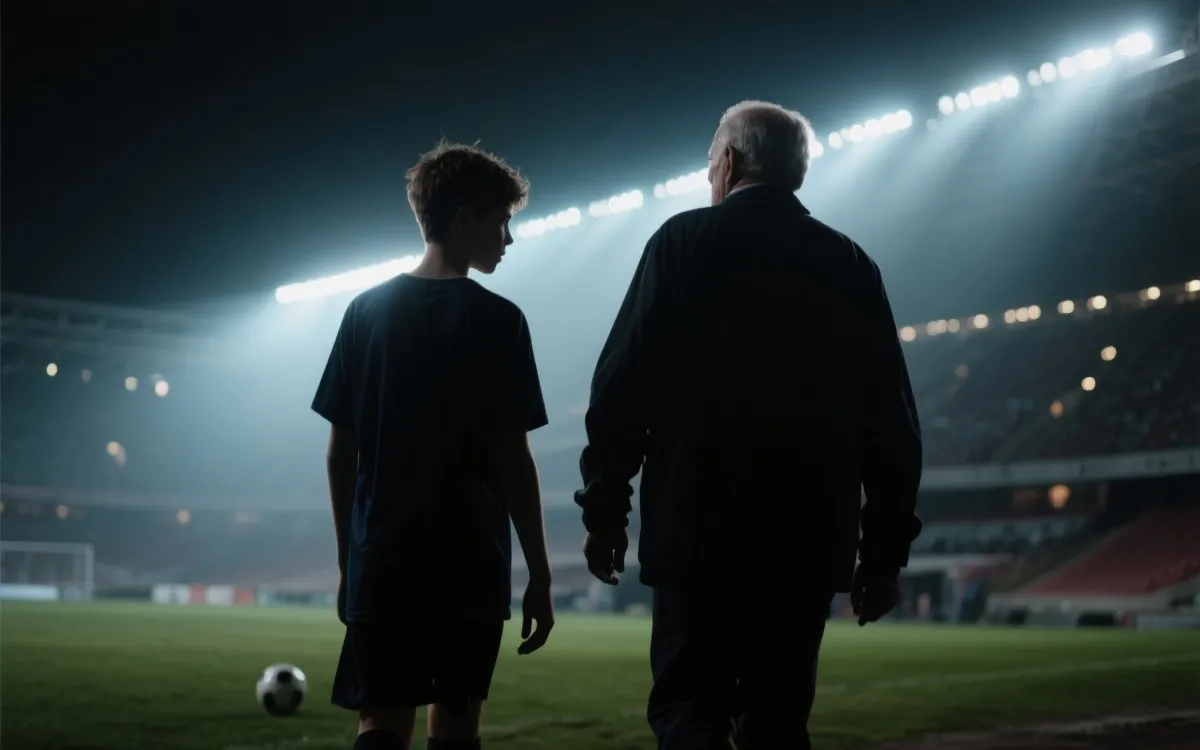 世界杯球场灯光下，年轻球员与老将背影对比的电影感画面