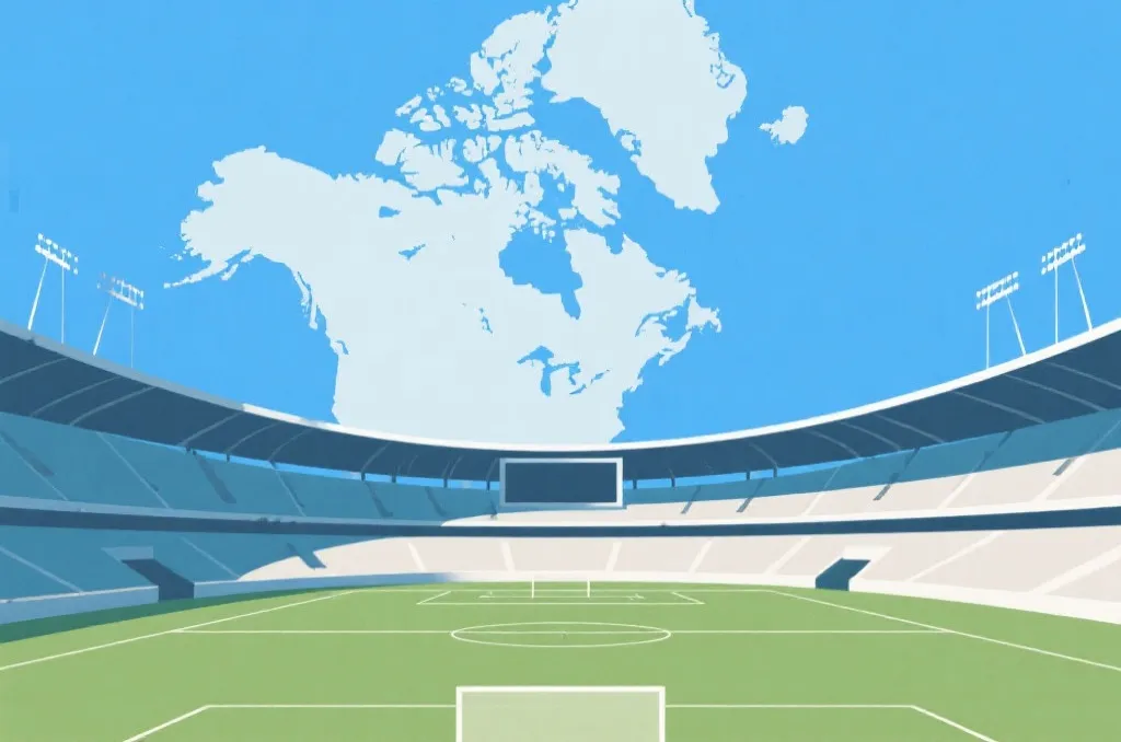 An editorial conceptual illustration of a modern generic open-air sports stadium under a clear sky, with a simple map outline of North America in the background.