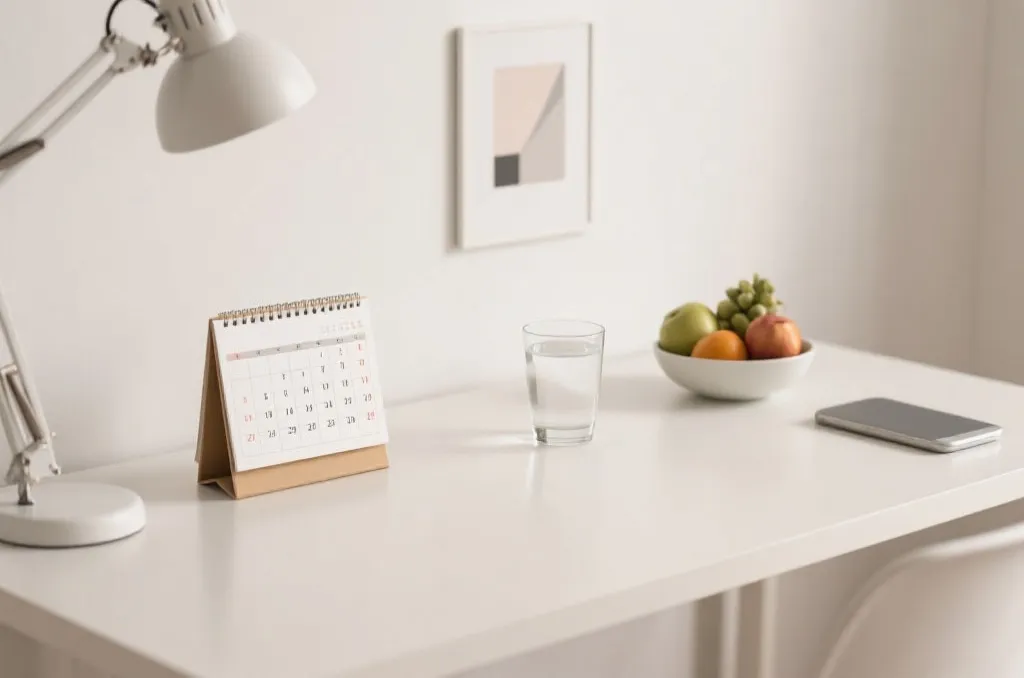 Minimalist desk setup with a physical calendar, a healthy glass of water, and a bowl of fresh fruits